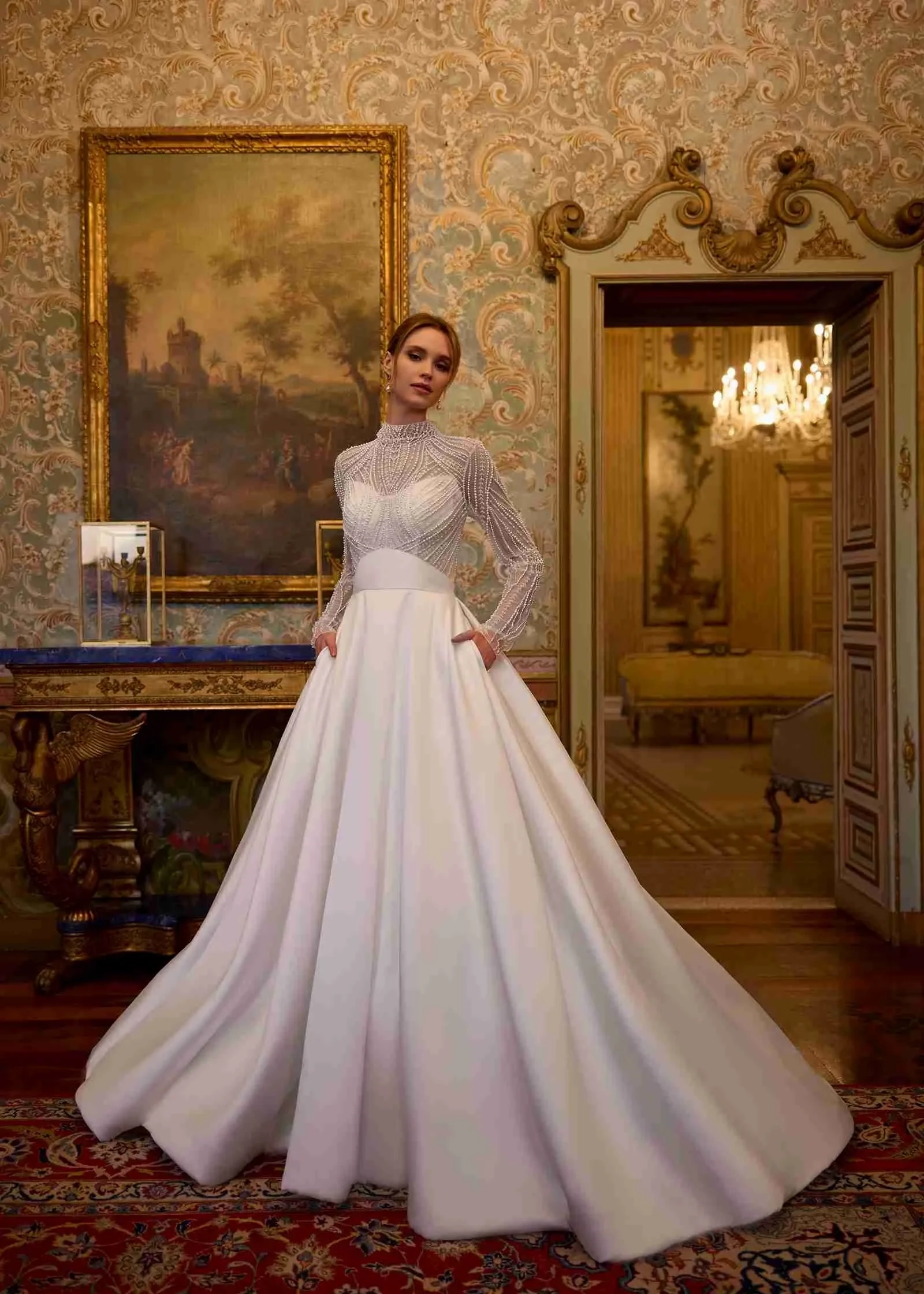 Model wearing a white bridal gown