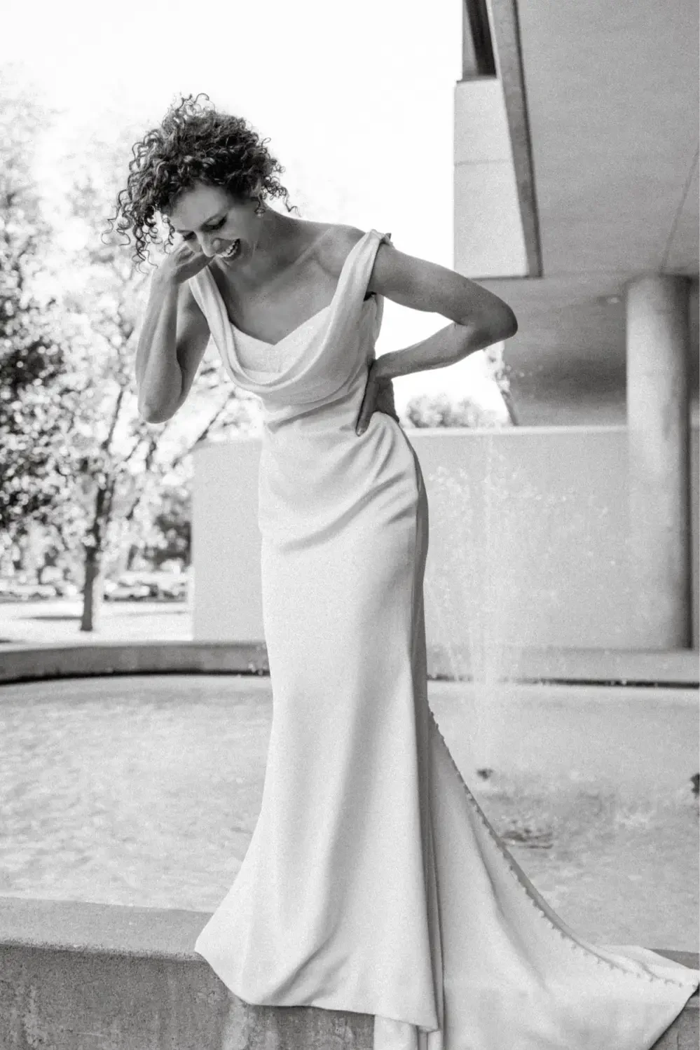 Model wearing a white bridal gown