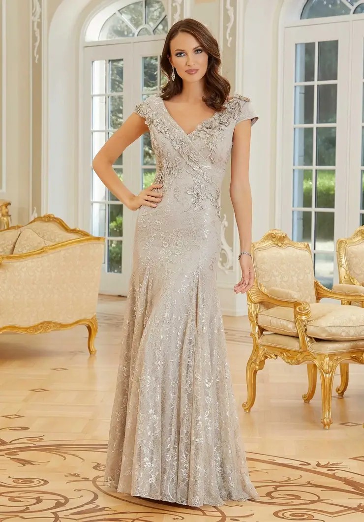 Model wearing a mother of the wedding gown by MGNY