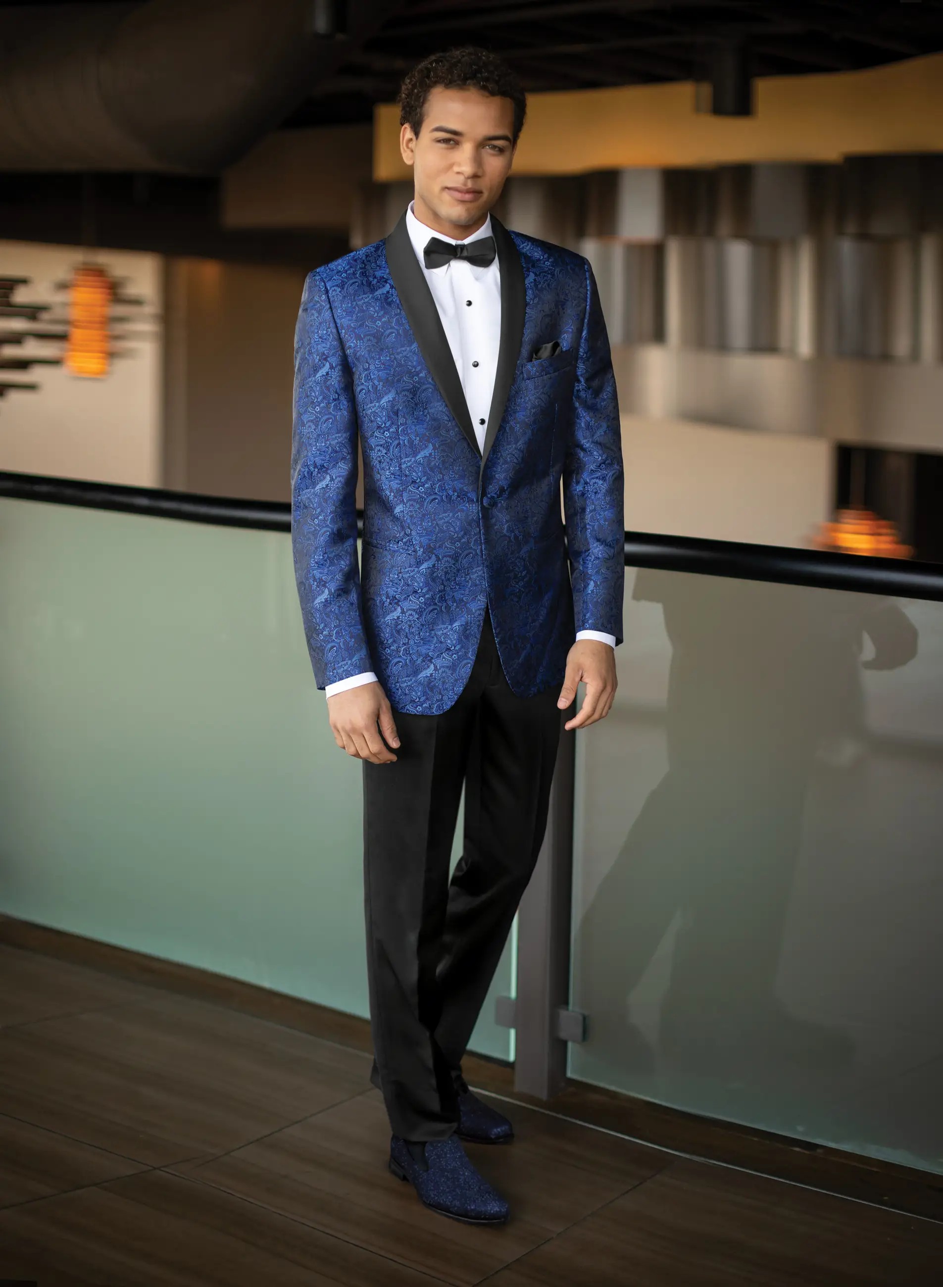 Model wearing cobalt tuxedo