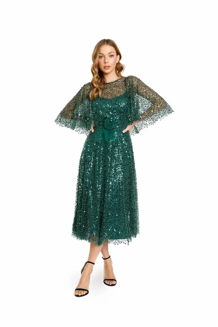 Model wearing emerald Nicole Bakti dress
