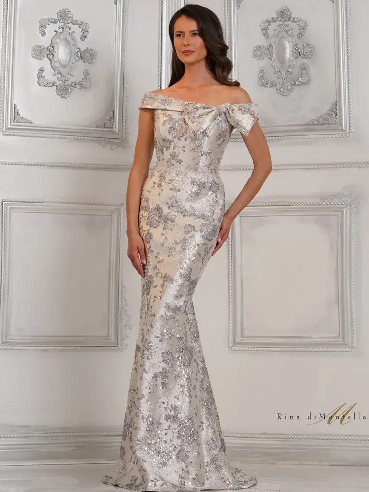 Model wearing a mother of the wedding gown by Rina Di Montella