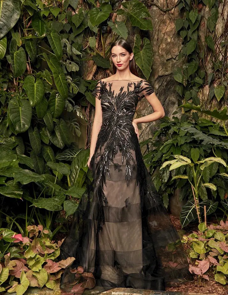 Model wearing black Daymor gown