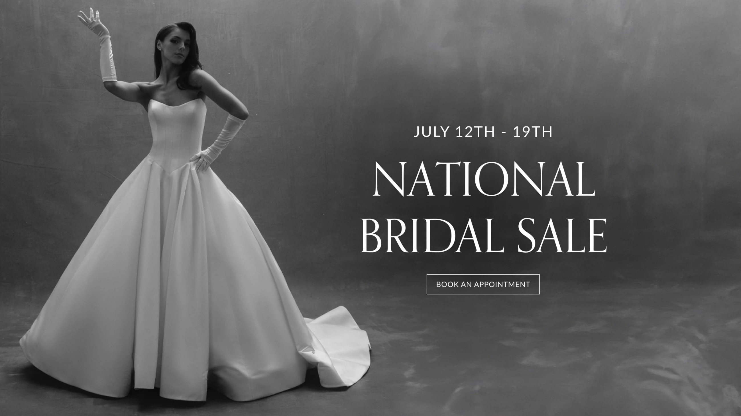 Model wearing a Matthew Christopher Anna gown, desktop banner