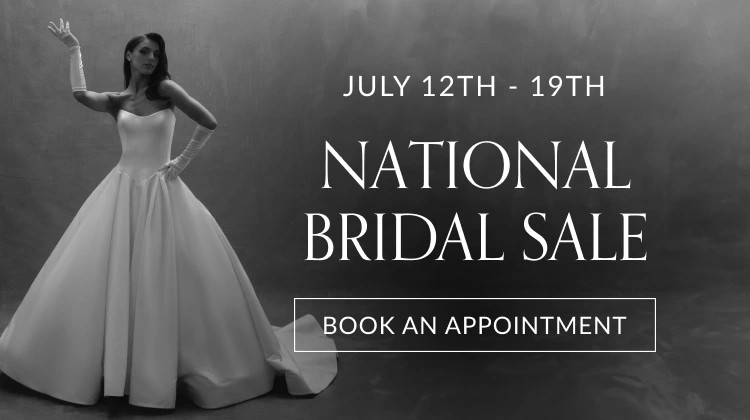 Model wearing a Matthew Christopher Anna gown, mobile banner